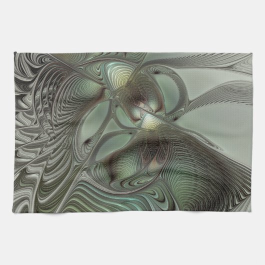 Abstracte Olijfwijze Groen Grijs Fractal Art Fanta Theedoek (Horizontaal)