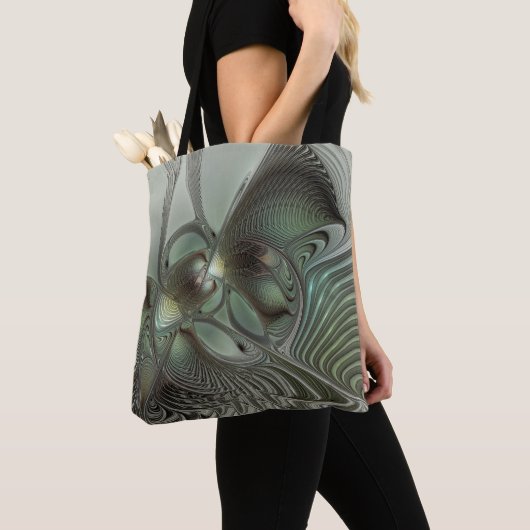 Abstracte Olijfwijze Groen Grijs Fractal Art Fanta Tote Bag (Dichtbij)