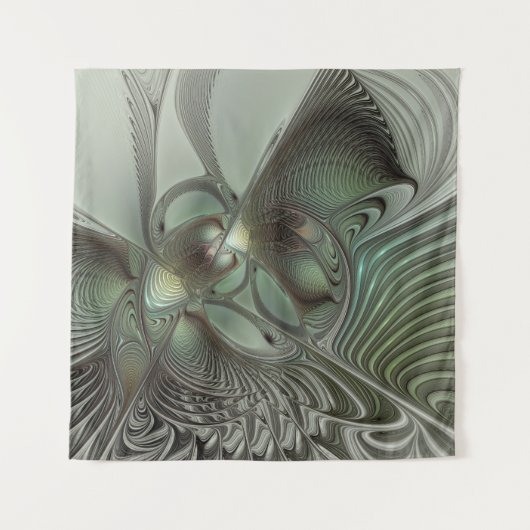 Abstracte Olijfwijze Groen Grijs Fractal Art Fanta Wandkleed (Voorkant)