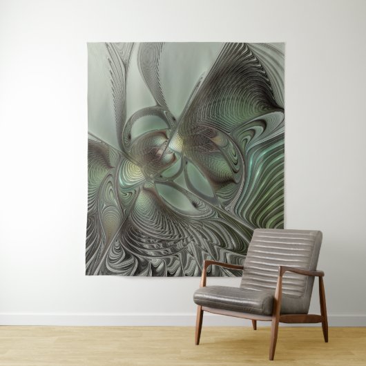 Abstracte Olijfwijze Groen Grijs Fractal Art Fanta Wandkleed (In situ)