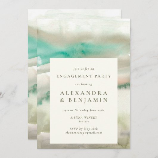 Abstracte Olive Green Waterverf Engagement Party Kaart (Voorkant / Achterkant)