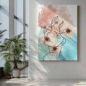 Abstracte One Line Face Art met roze bloemenlippen Canvas Afdruk