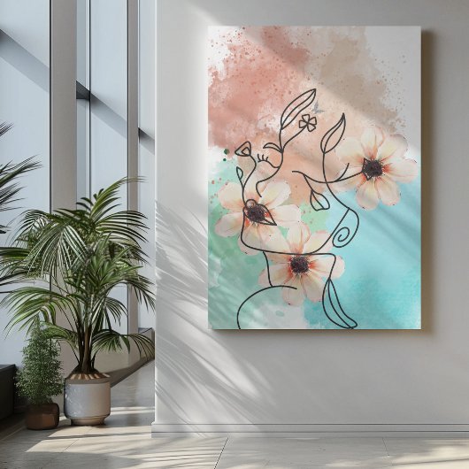 Abstracte One Line Face Art met roze bloemenlippen Canvas Afdruk