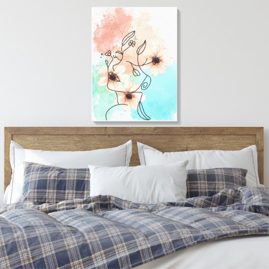 Abstracte One Line Face Art met roze bloemenlippen Canvas Afdruk (Insitu (Slaapkamer))