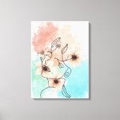 Abstracte One Line Face Art met roze bloemenlippen Canvas Afdruk (Voorkant)