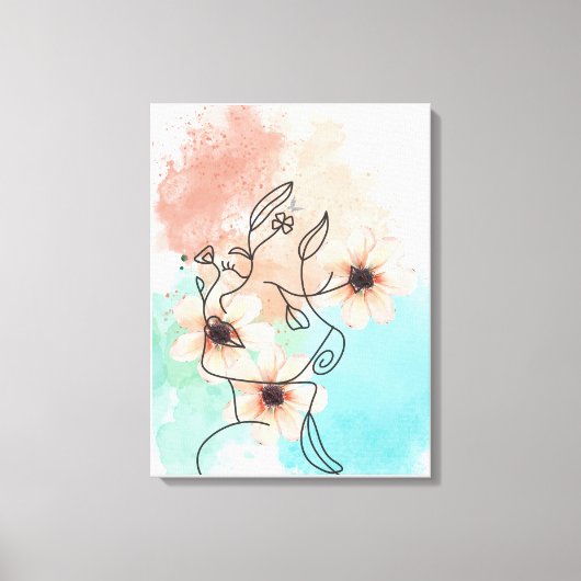 Abstracte One Line Face Art met roze bloemenlippen Canvas Afdruk (Voorkant)