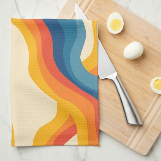 Abstracte Oranje Blue Retro Wavy Stripe Modern Bol Theedoek (Quarter Fold)