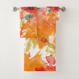 Abstracte Oranje en witte Waterverf Floral Bad Handdoek