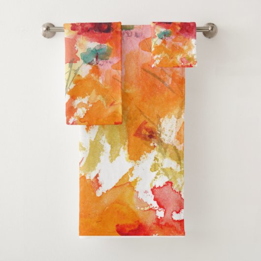 Abstracte Oranje en witte Waterverf Floral Bad Handdoek (Insitu)