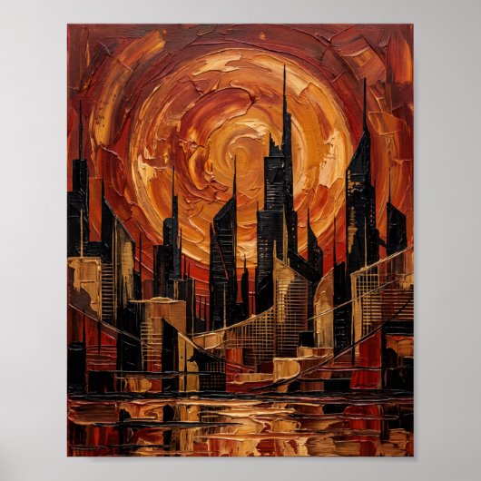 Abstracte Oranje Zon Werveling Stad Paletmes Poster (Voorkant)