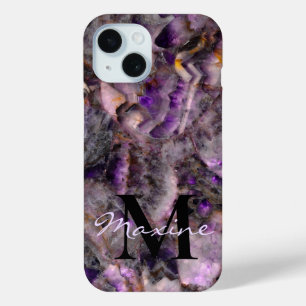 Abstracte paarse amethist kwarts marmer monogram iPhone 15 case