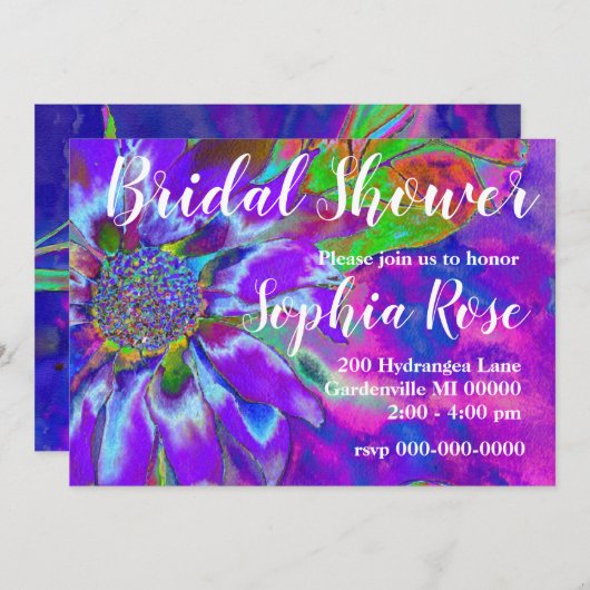 Abstracte paarse blauw bloemenzonnebloem retro fun kaart (Voorkant / Achterkant)