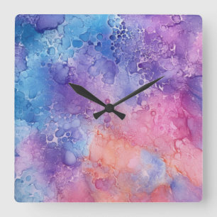 Abstracte Paarse Blauwe Mix Wolken Aquarel Art Vierkante Klok