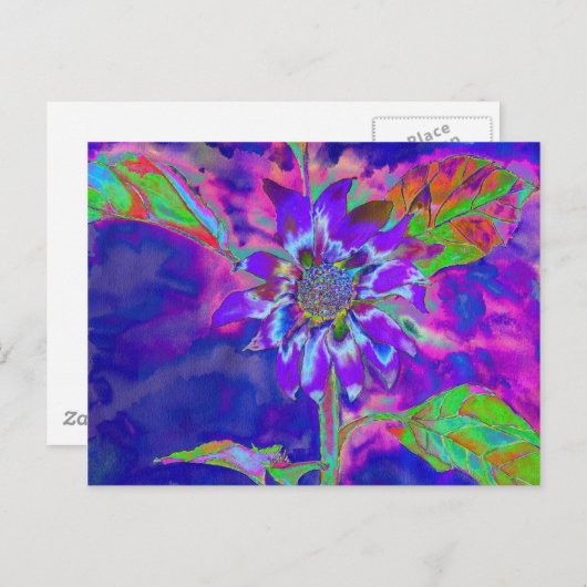 Abstracte paarse blauwe zonnebloem | Retro funky-l Briefkaart (Voorkant / Achterkant)