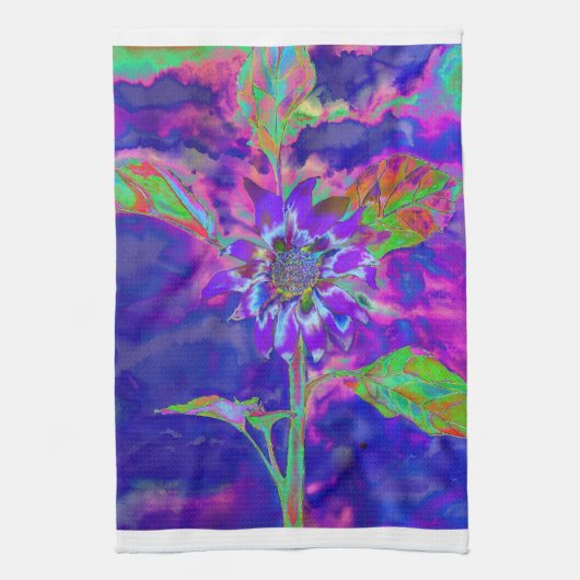 Abstracte paarse blauwe zonnebloem | Retro funky-l Theedoek (Verticaal)