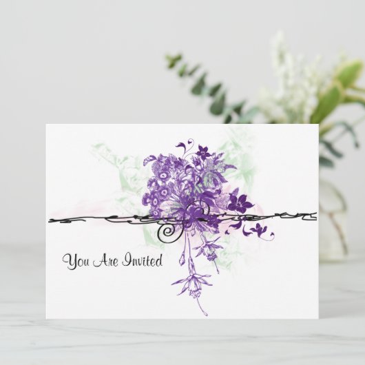 Abstracte paarse bloemen Bouquet, je bent uitgenod Kaart (Staand voorkant)