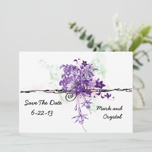 Abstracte paarse bloemen Bouquet sparen de datum Save The Date (Staand voorkant)