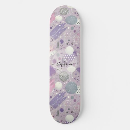 Abstracte Paarse cirkels met verfstrips Accents Persoonlijk Skateboard (Voorkant)