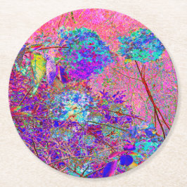 Abstracte paarse en blauwe hortensia met magenta ronde kartonnen onderzetter