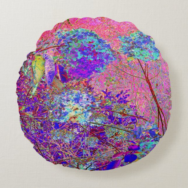 Abstracte Paarse en blauwe hydrangea met magenta Rond Kussen (Voorkant)