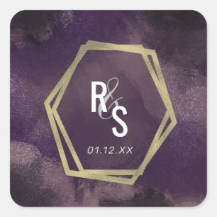 Abstracte Paarse Faux Gold Splash Wedding Suite Vierkante Sticker