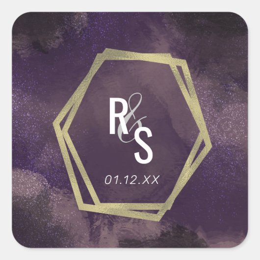 Abstracte Paarse Faux Gold Splash Wedding Suite Vierkante Sticker (Voorkant)