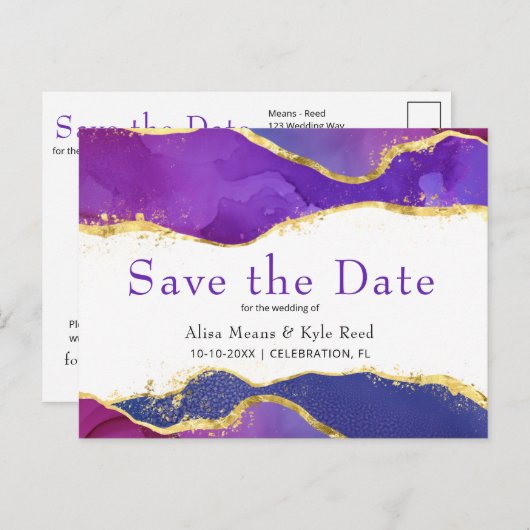 Abstracte Paarse Fuchsia Gold Save the Date Aankondigingskaart (Voorkant / Achterkant)