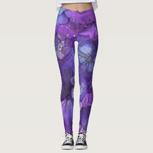 Abstracte Paarse Glow Leggings (Voorkant)