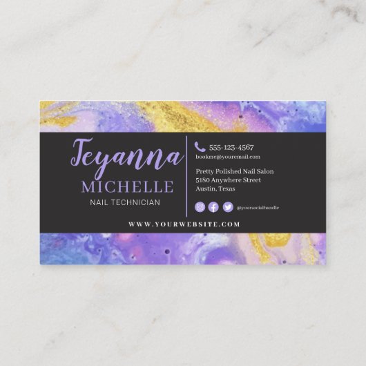 Abstracte Paarse marmer Glitter Hands Nail Artist  Visitekaartje (Achterkant)