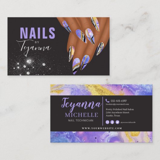 Abstracte Paarse marmer Glitter Hands Nail Artist  Visitekaartje (Voorkant / Achterkant)