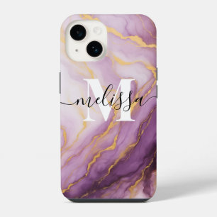 Abstracte paarse marmer monogram kalligrafie iPhone 14 hoesje