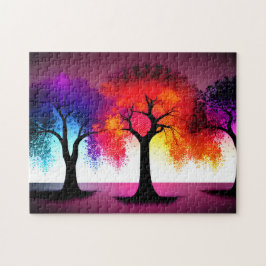 Abstracte Paarse Rood Geel Zwart Silhouet Bomen Legpuzzel
