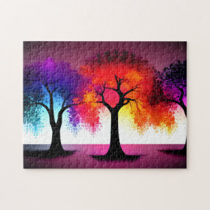 Abstracte Paarse Rood Geel Zwart Silhouet Bomen Legpuzzel
