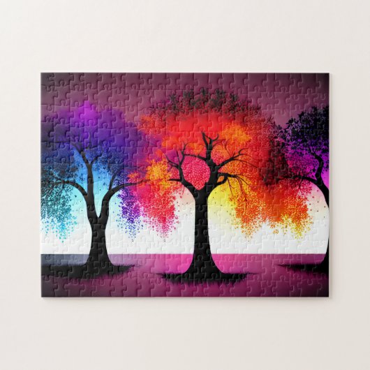 Abstracte Paarse Rood Geel Zwart Silhouet Bomen Legpuzzel (Horizontaal)
