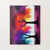 Abstracte Paarse Rood Geel Zwart Silhouet Bomen Legpuzzel (Verticaal)