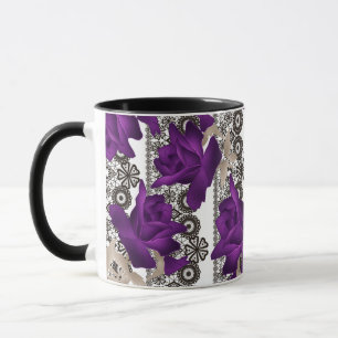 Abstracte paarse rozen bloemen bloemrijke kant vin mok
