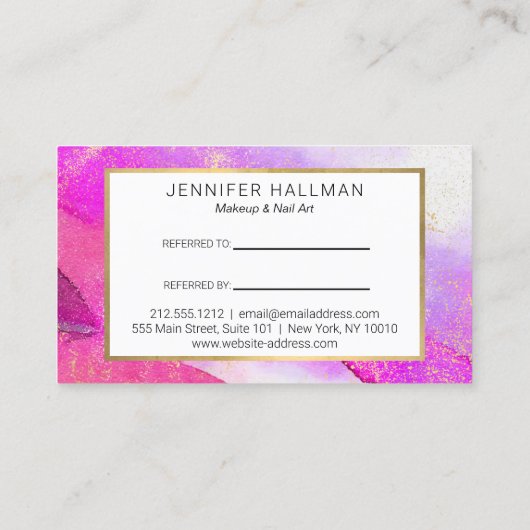 Abstracte Paarse Waterverf Faux Gold Dust Referral Visitekaartje (Achterkant)