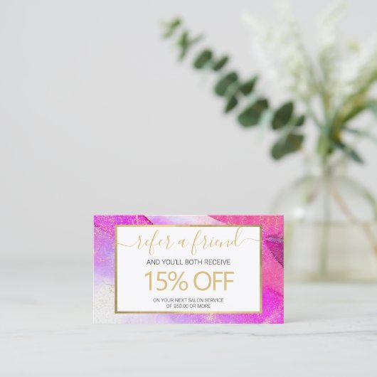 Abstracte Paarse Waterverf Faux Gold Dust Referral Visitekaartje (Staand voorkant)