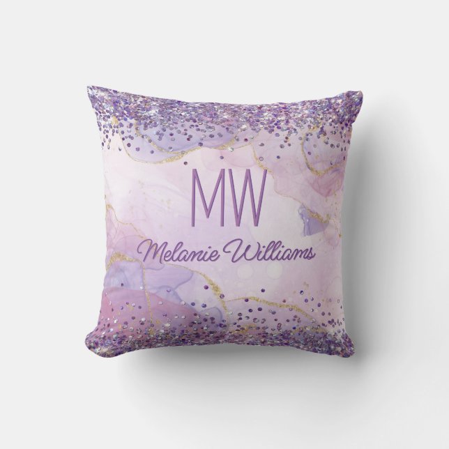 Abstracte Paarse Waterverf Glitter Monogram Kussen (Voorkant)