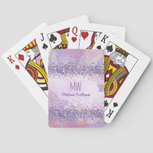 Abstracte Paarse Waterverf Glitter Monogram Pokerkaarten