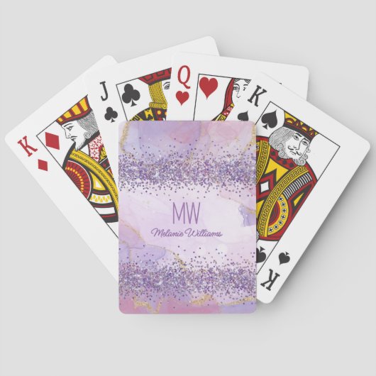 Abstracte Paarse Waterverf Glitter Monogram Pokerkaarten (Achterkant)