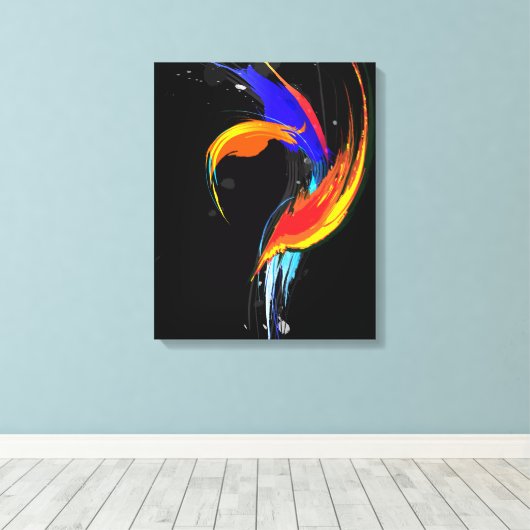 Abstracte Paint Splatter Paradijsvogel op zwart Canvas Afdruk (Insitu (Houten vloer))