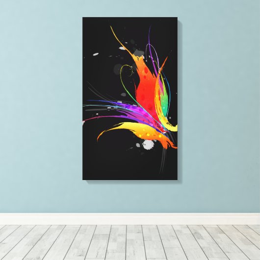 Abstracte Paint Splatter Paradijsvogel op zwart Canvas Afdruk (Insitu (Houten vloer))