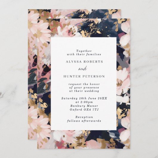 Abstracte Painterly Blush & Navy Floral Wedding Kaart (Voorkant / Achterkant)