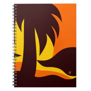 Abstracte palmboom op zonsondergang door water notitieboek
