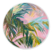 Abstracte Palmschijfje op Roze Olieschilderij Trop Keramische Knop (Voorkant)
