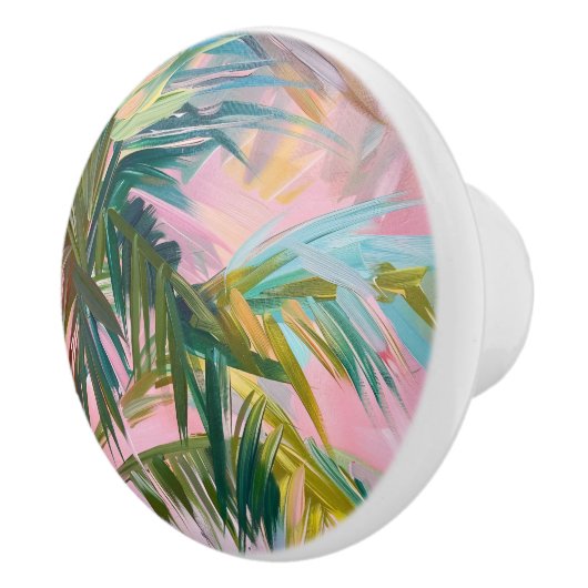 Abstracte Palmschijfje op Roze Olieschilderij Trop Keramische Knop (Rechts)