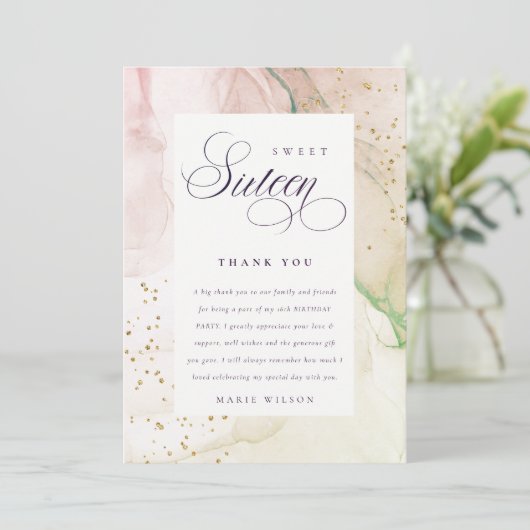 Abstracte pasta Dusky Roze Groen Sweet 16 Birthday Bedankkaart (Staand voorkant)