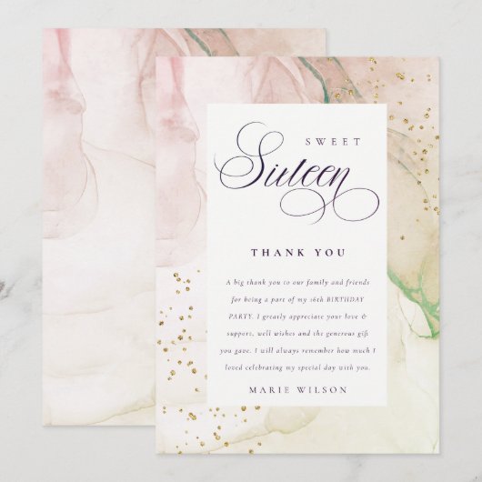 Abstracte pasta Dusky Roze Groen Sweet 16 Birthday Bedankkaart (Voorkant / Achterkant)