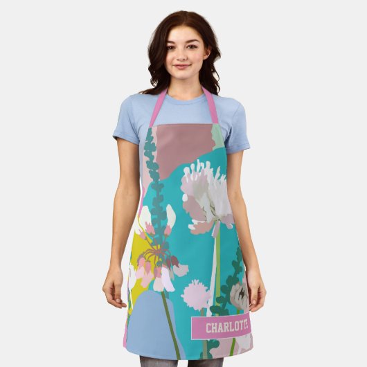 Abstracte pastel bloemige aangepaste naam schort (Gedragen)